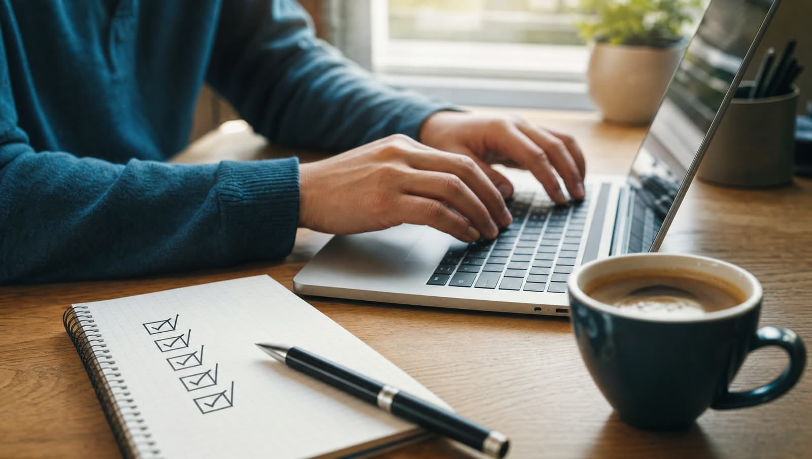 Fotó egy laptopon gépelő kézről, mellette egy jegyzetfüzet kézzel rajzolt, kipipált ellenőrzőlistával és egy csésze kávéval az asztalon