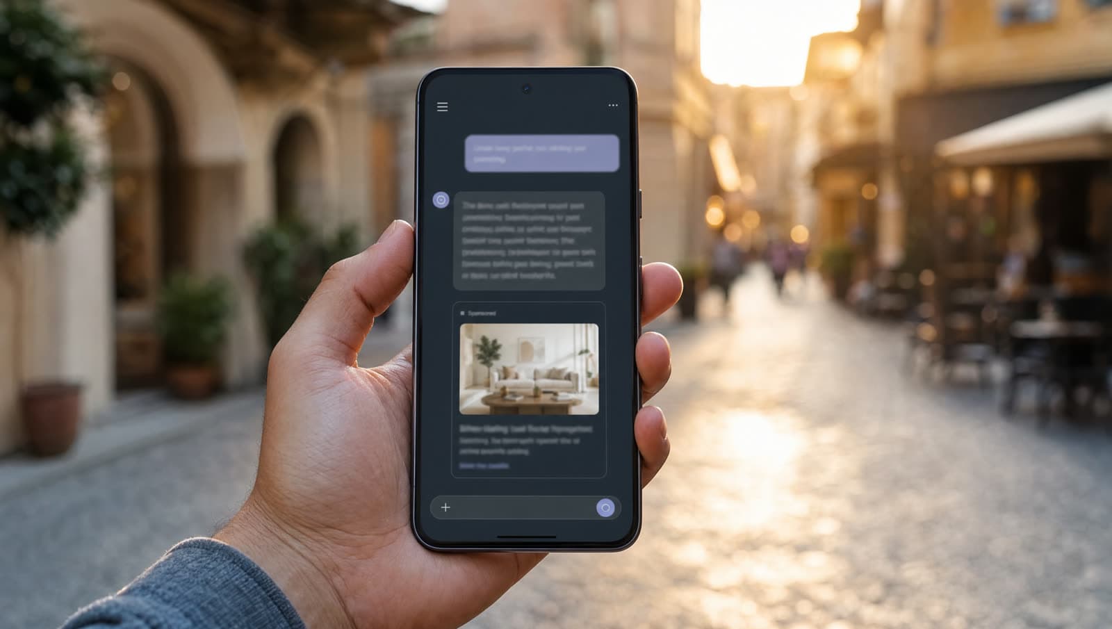 Fotó egy kézről, amely egy okostelefont tart egy generikus AI-chat felülettel és egy szponzorált hirdetéskártyával, elmosódott európai utcaképpel a háttérben