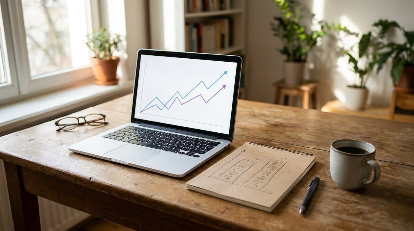 Fa íróasztalon nyitott laptop, a képernyőn két emelkedő vonaldiagram, mellette egy jegyzetfüzet kézzel rajzolt előtte-utána oszlopdiagrammal, toll és egy csésze kávé