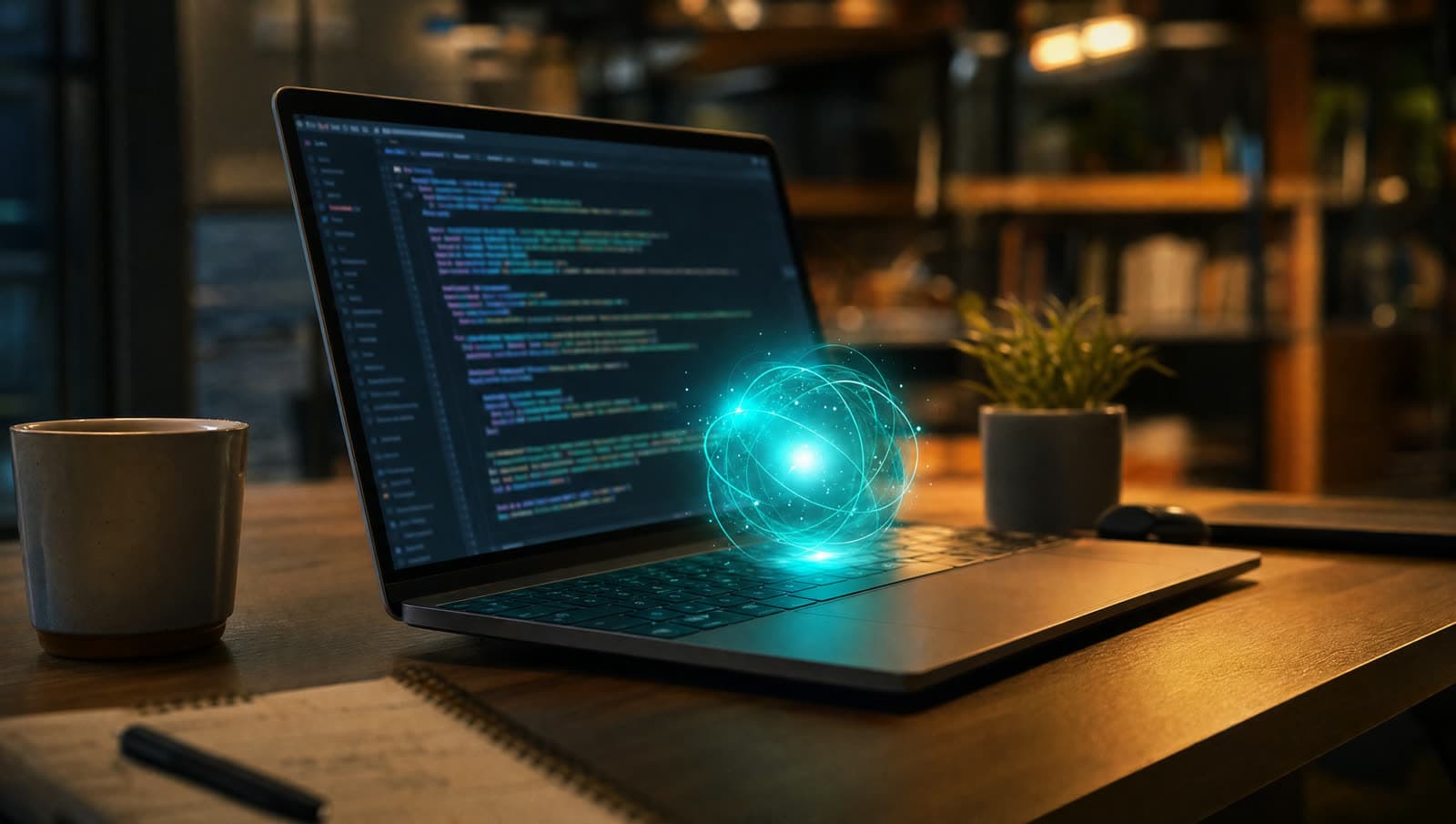 Fotó egy fejlesztői munkaállomásról: laptop kódszerkesztővel, felette lágyan izzó türkiz fénygömb, ami egy AI-ügynök jelenlétét szimbolizálja