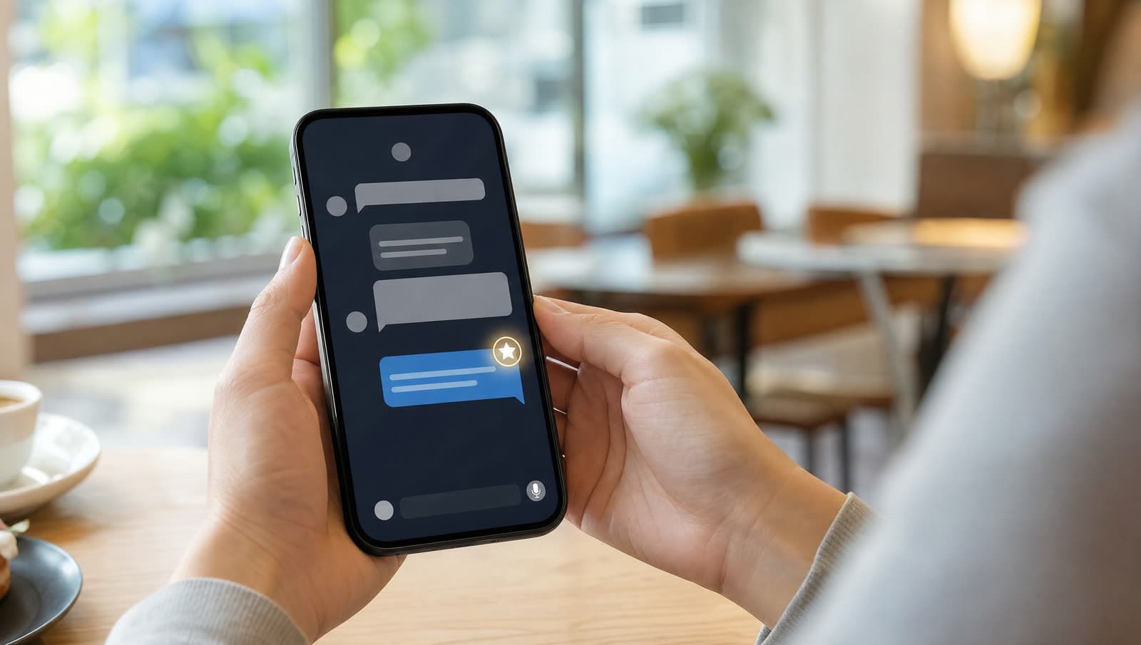 Fotó egy telefont tartó kézről, a képernyőn egy AI-chat felülettel, a válasz mellett egy lágyan izzó csillag ikonnal, amely a forrásként való idézést szimbolizálja