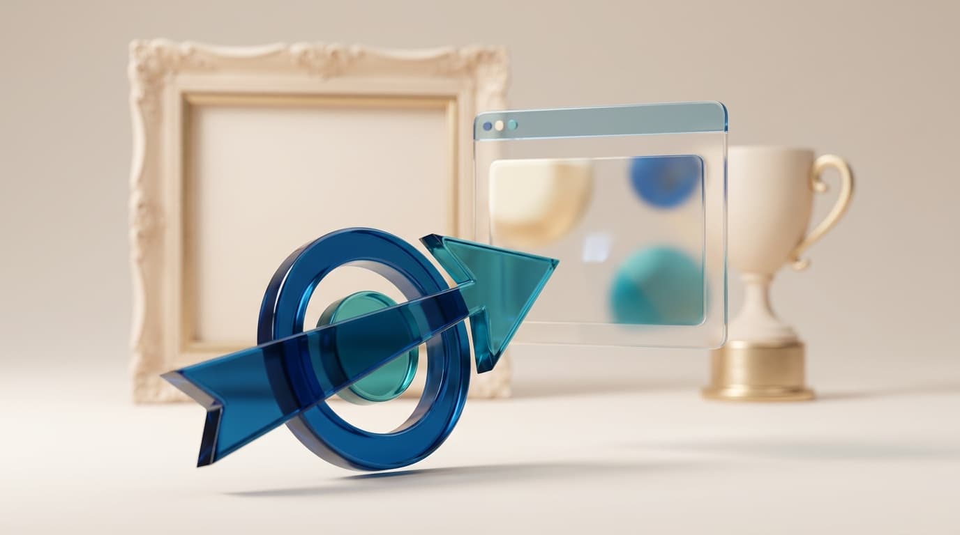 Illusztráció egy elhalványuló képkeretről és egy célra mutató nyílról egy böngészőablak felé, a látványos design helyett a célorientált weboldal fontosságát szimbolizálva
