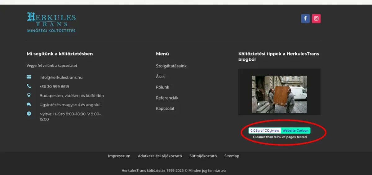 A herkulestrans.hu láblécében látható Website Carbon mérés: 0,08 g CO2 oldalmegtekintésenként, tisztább a mért oldalak 93 százalékánál