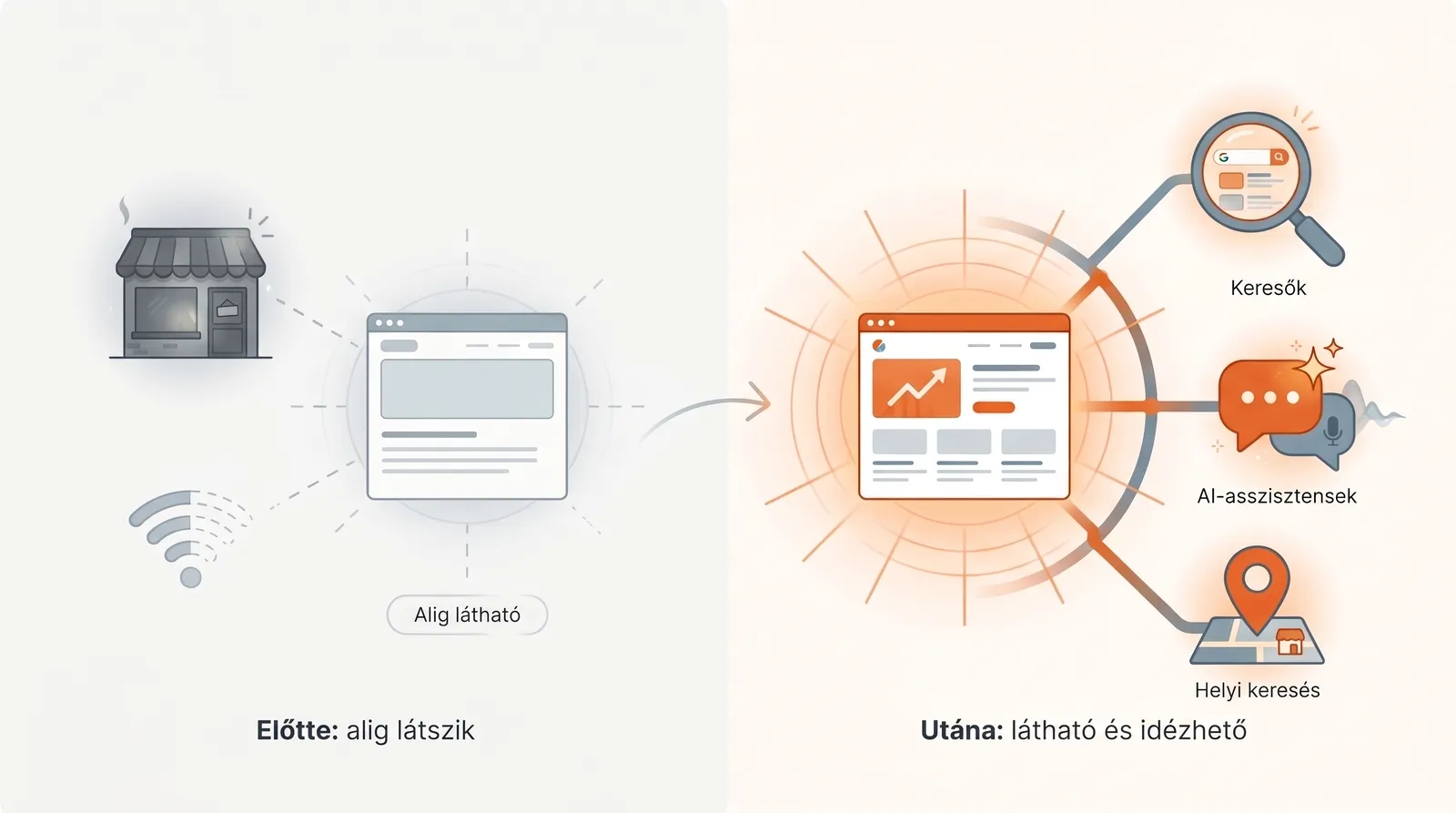 Illusztráció: bal oldalt egy alig látható weboldal, jobb oldalt ugyanaz a weboldal, kapcsolatban a keresőkkel, az AI-asszisztensekkel és a helyi kereséssel