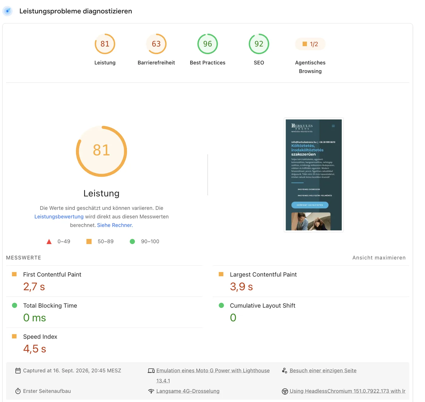 PageSpeed Insights mobil eredmény 2026. szeptember 16-án: teljesítmény 81, akadálymentesség 63, best practices 96, SEO 92, LCP 3,9 másodperc