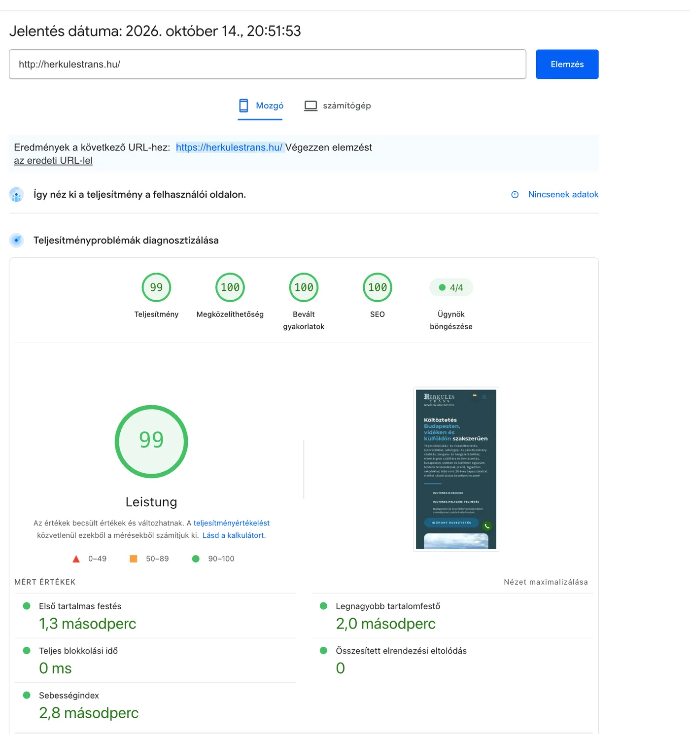 PageSpeed Insights mobil eredmény 2026. október 14-én: teljesítmény 99, akadálymentesség 100, bevált gyakorlatok 100, SEO 100, ügynök-böngészés 4/4, LCP 2,0 másodperc, CLS 0