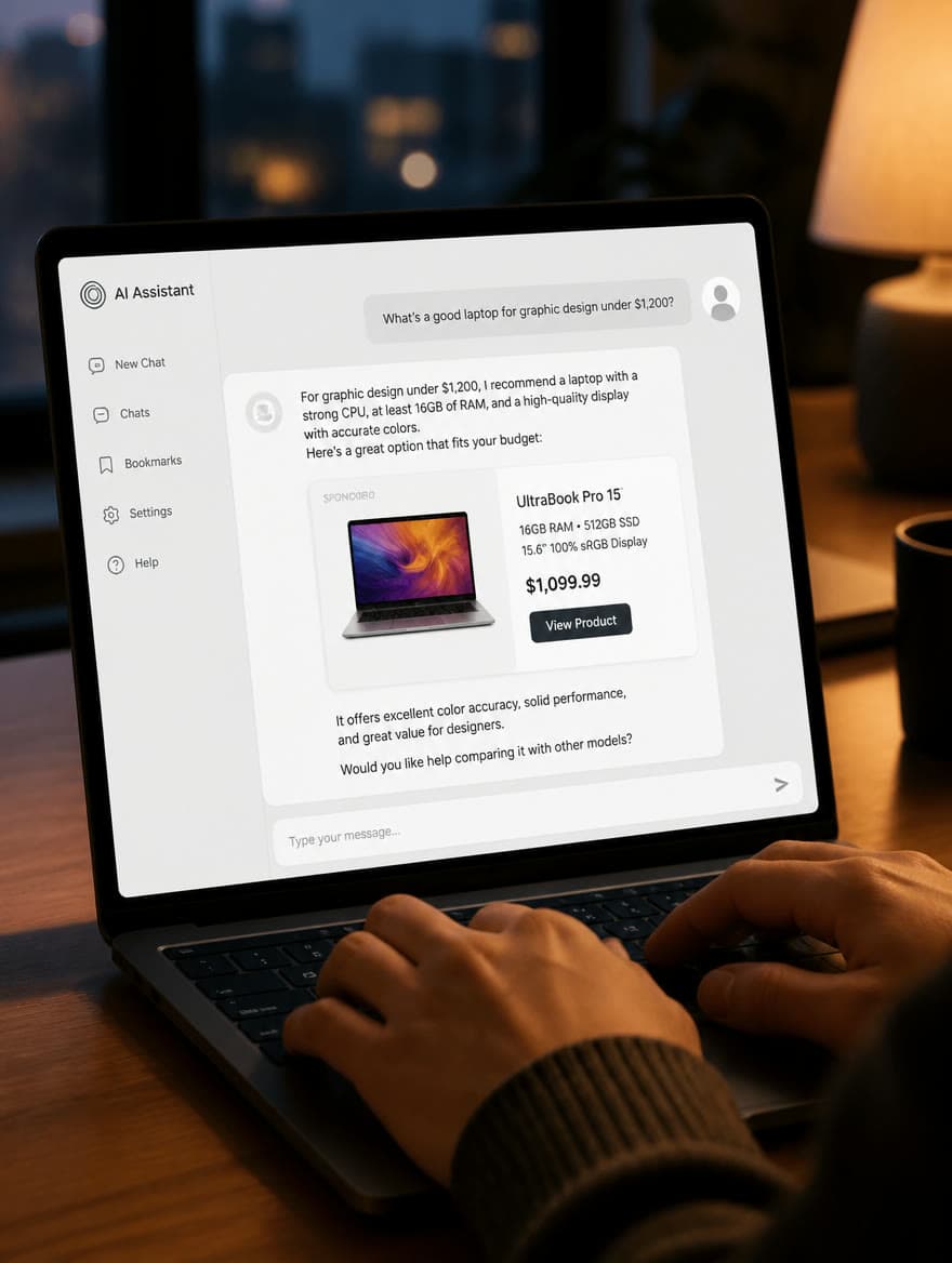 AI-chat asszisztens válaszában megjelenő, kiemelt termékajánlás-kártya egy laptop képernyőjén