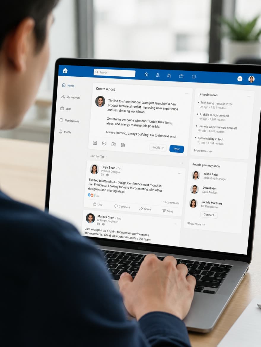 Szakmai közösségi feed a laptop képernyőjén, poszt-szerkesztővel és bejegyzésekkel