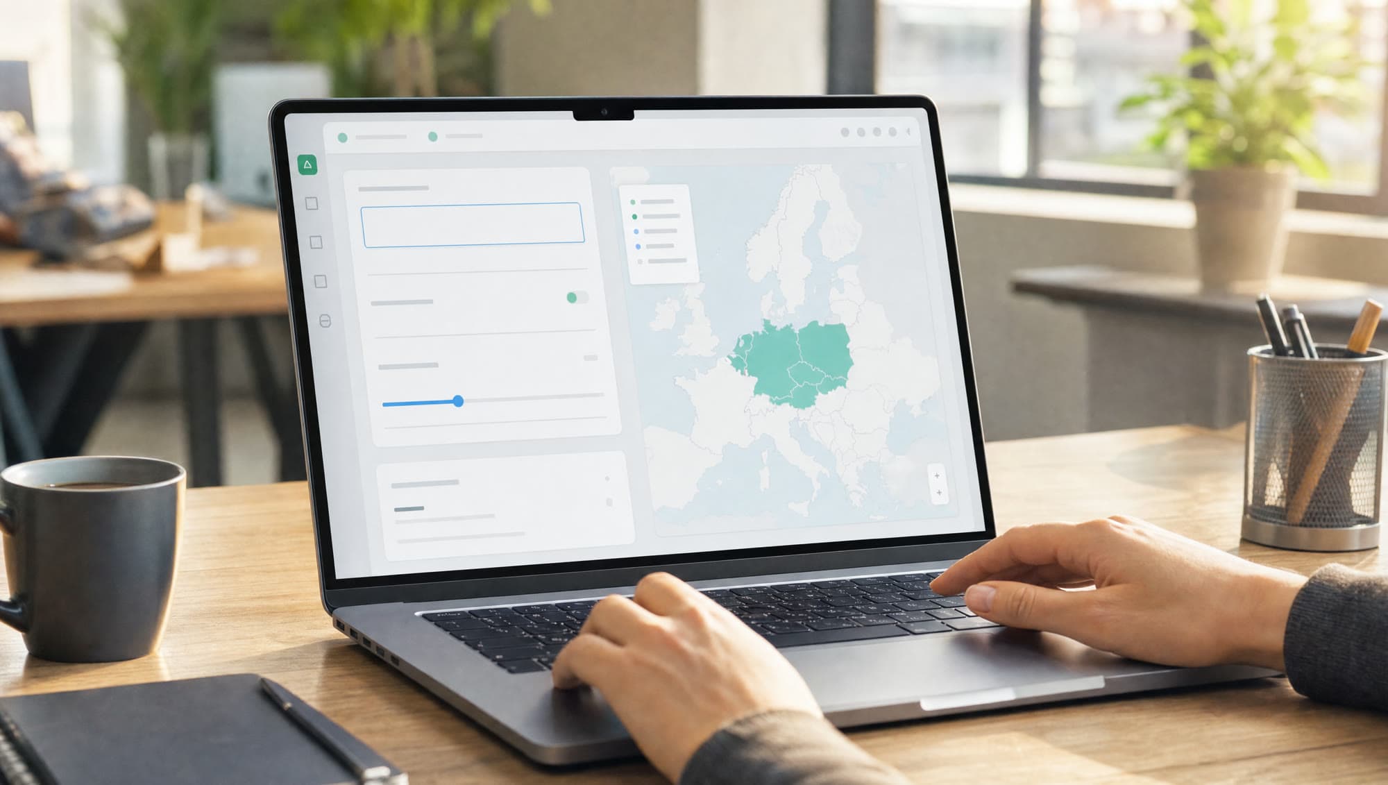 Marketinges keze egy laptopon, a képernyőn egy kampánybeállító felület kiemelt közép-európai célterület-térképpel